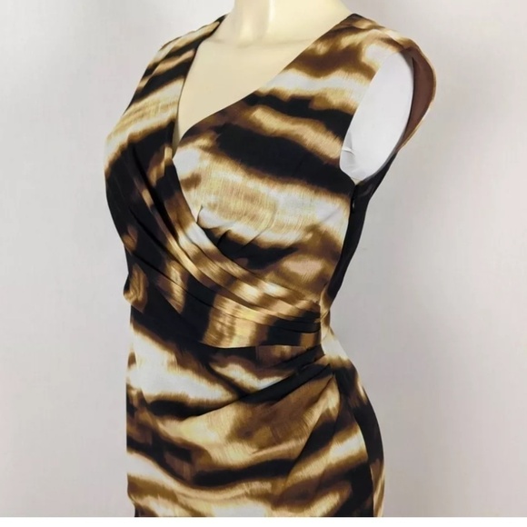 Ann Taylor Sheath Dress Silk Ruched Sides Sleeveless Neutral Black Brown Cream - Picture 8 of 13